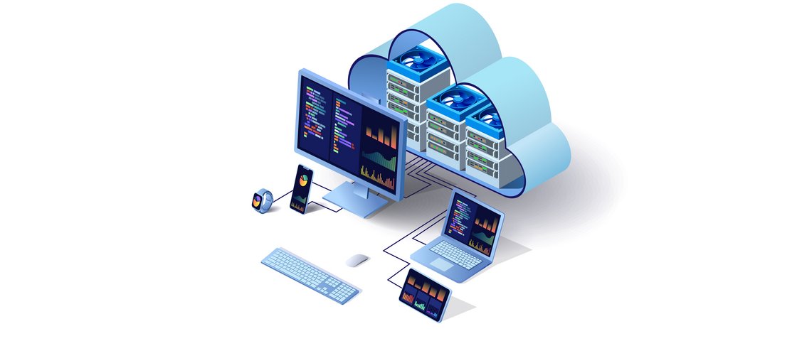 Grafische Darstellung einer Cloud mit Hardware und Diensten