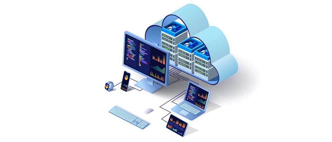 Grafische Darstellung einer Cloud mit Hardware und Diensten