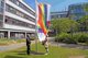 Inga Wachtmann hisst eine Regenbogenflagge vor dem Bürogebäude von Dataport