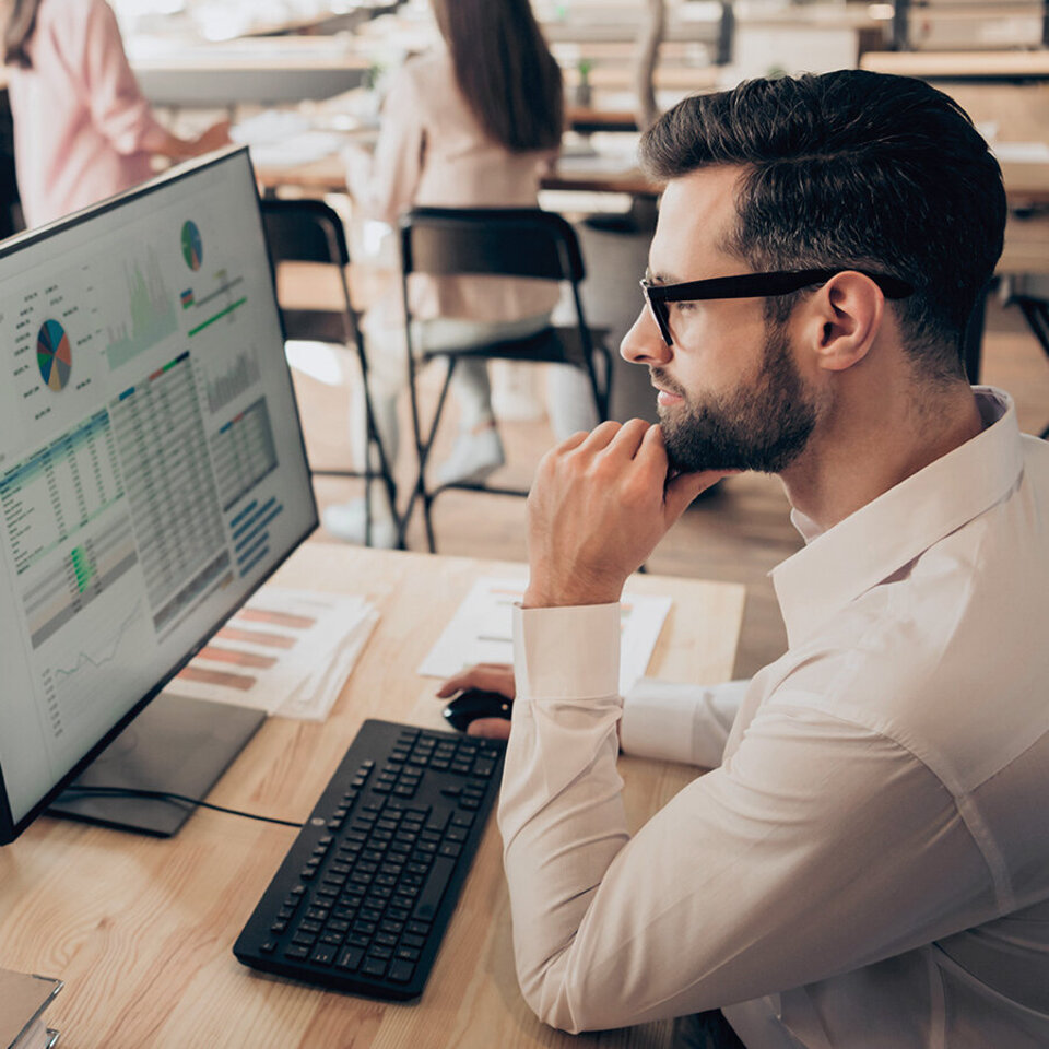 Ein Mitarbeiter blickt auf einen Monitor und arbeitet gerade mit dProjectTracking