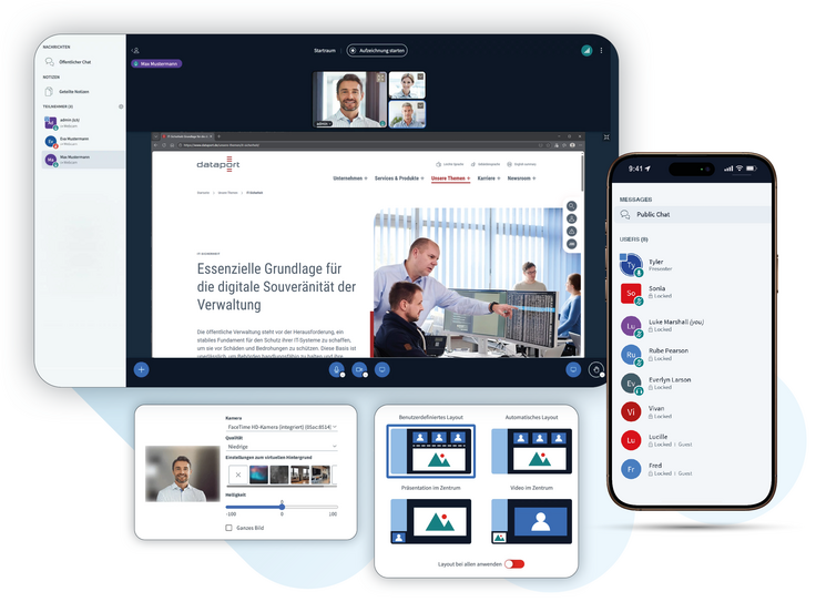 Screenshot der individuellen Gestaltungsmöglichkeiten in BigBlueButton. Der Hintergrund kann mit eigenen Motiven, unscharf oder mit Standardbildern angepasst werden. Zudem sieht man, dass dBBB entweder im Browser oder als App auf dem Smartphone genutzt werden kann.