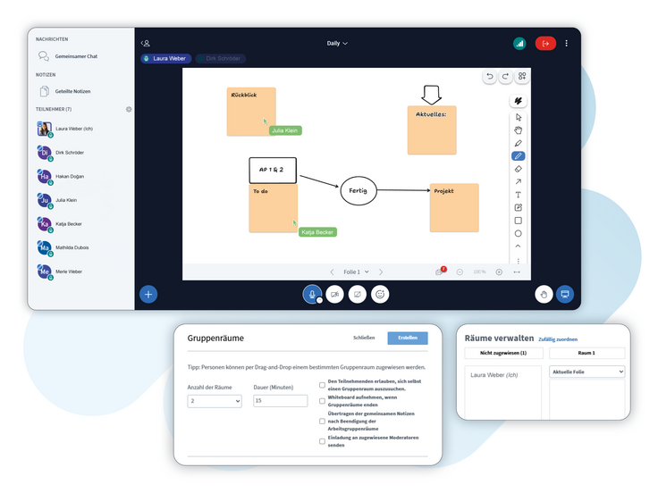 Screenshot der interaktiven Zusammenarbeit in BigBlueButton. Ein Whiteboard dient zur Ideensammlung und Aufgabenfesthaltung. Teilnehmende können entweder bestimmten Gruppenräumen zugewiesen werden oder selbst auswählen, welchem Raum sie beitreten möchten. Außerdem lässt sich einstellen, ob die gemeinsamen Notizen nach Ende der Arbeitsgruppen automatisch übertragen werden sollen.