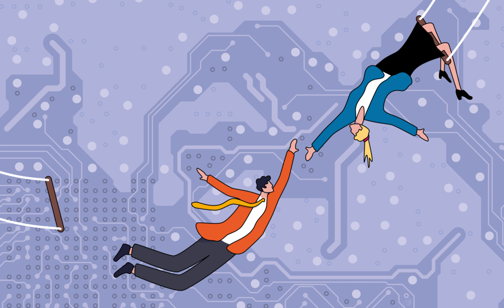 Illustration: Mann und Frau auf Trapez