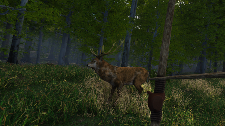 Eine Person hält virtuell Pfeil und Bogen, während sie auf einen Hirsch zielt. Der Hirsch steht in einer naturgetreuen, steinzeitlichen Landschaft, umgeben von Bäumen. Das Bild vermittelt ein immersives Erlebnis, als ob die Person tatsächlich in der Steinzeit jagen würde.