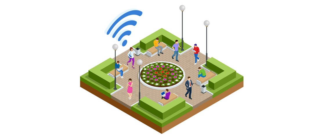 Schaubild eines Unicampus mit Menschen, die Wifi nutzen