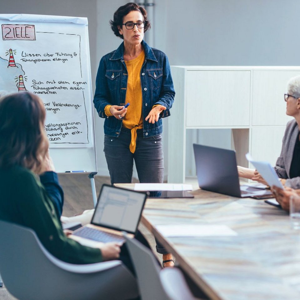 Beraterin fasst Ziele für Kund*innen anhand eines Flipcharts zusammen