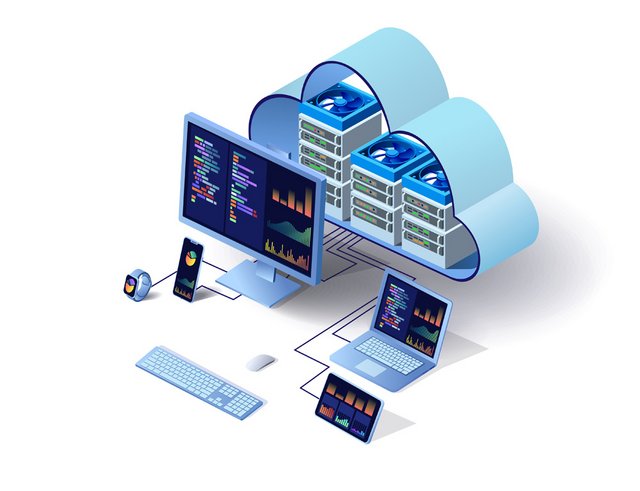 Rechenzentrum in der Cloud mit diversen Endgeräten
