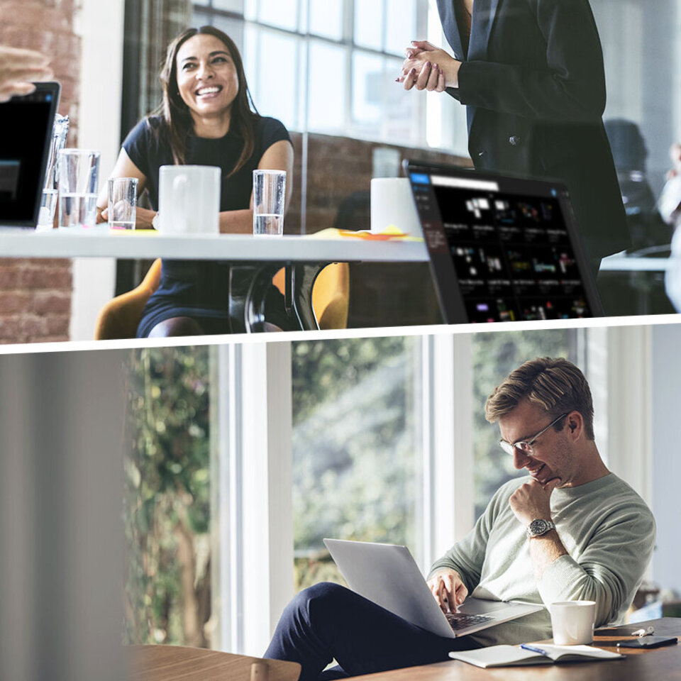 dTeamboard Eine junge Frau sitzt mit ihren Kolleg*innen in einem Workshop. Ein anderer junger Mann nimmt aus dem Home Office an dem Workshop teil.