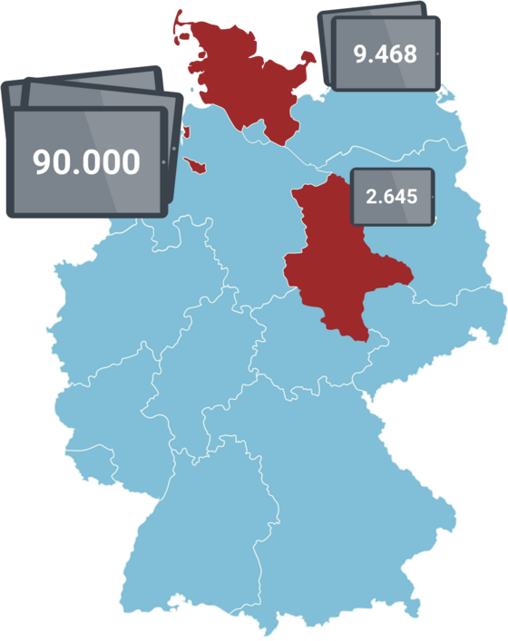 Infografik: Darstellung der Menge der gelieferten iPads je Bundesland Bremen, Schleswig-Holstein und Sachsen-Anhalt anhand einer Karte