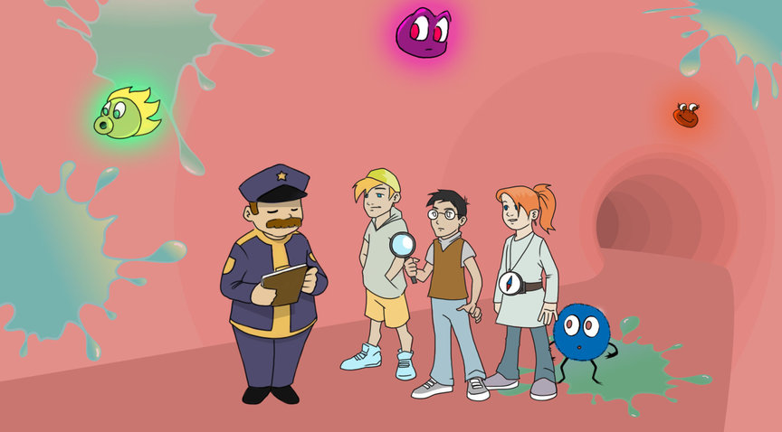 Digitale Gesundheitsbildung Comiczeichnung eines Polizisten mit drei Kindern, die von Viren umgeben sind