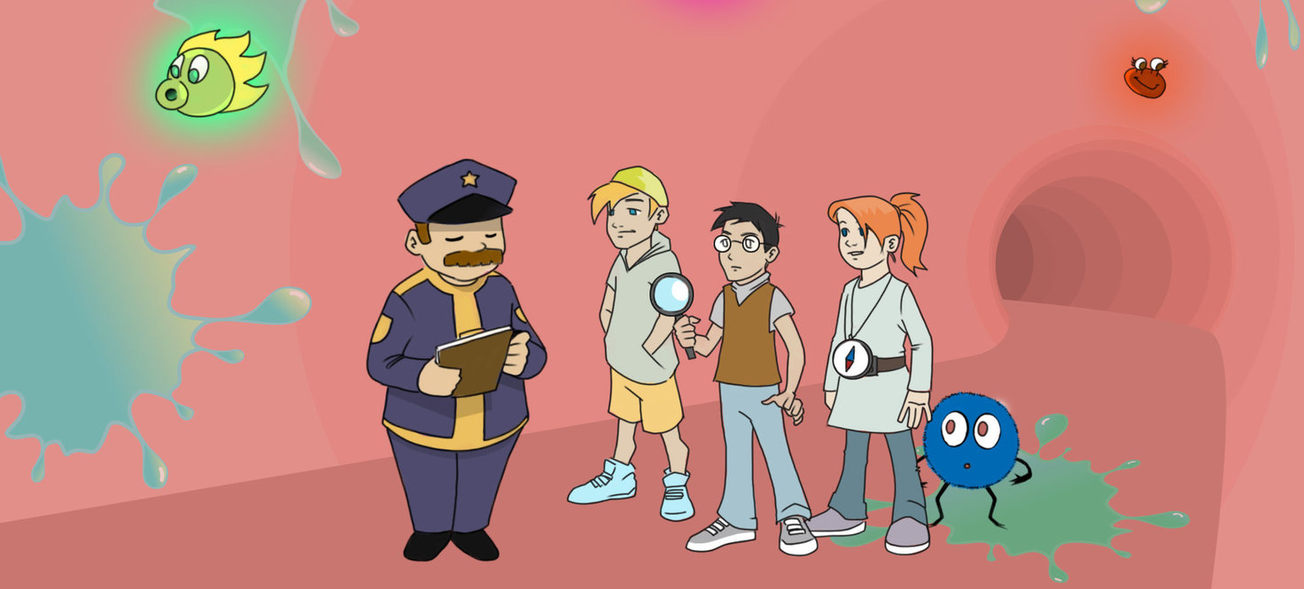 Comiczeichnung eines Polizisten mit drei Kindern, die von Viren umgeben sind
