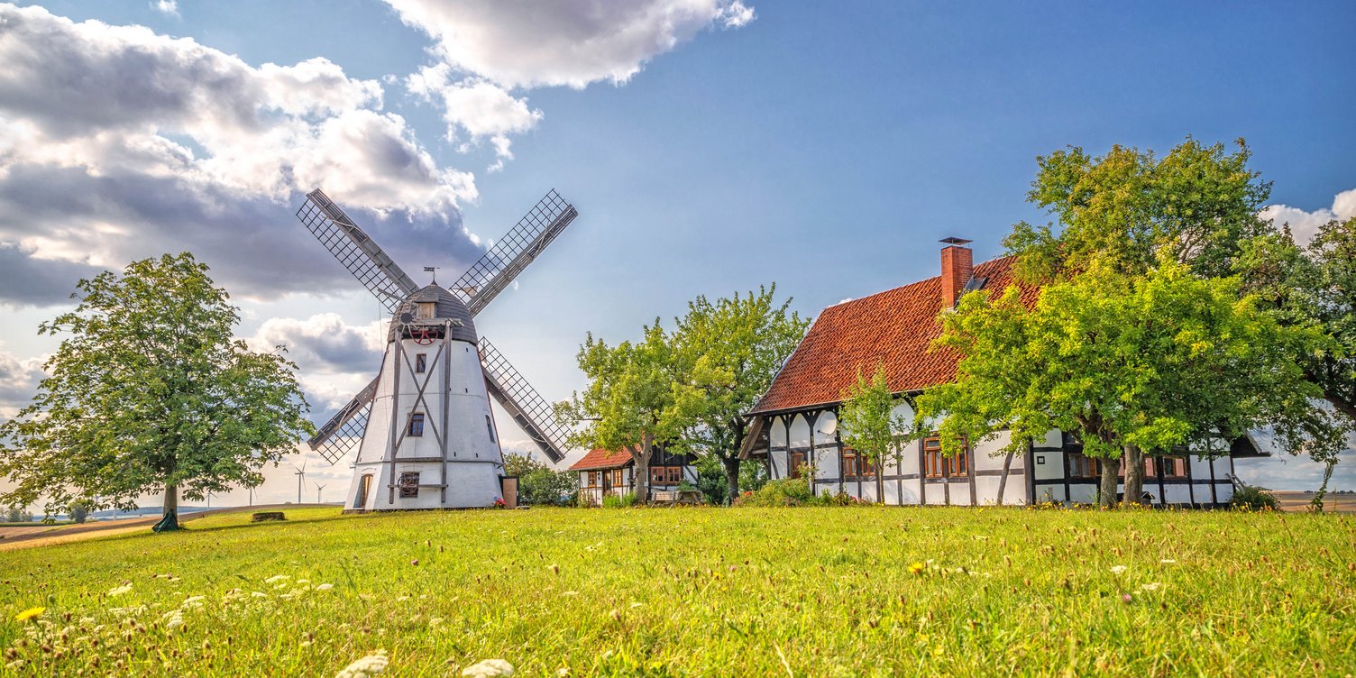 Landschaft in Niedersachen mit Windmühle und Bauernhaus