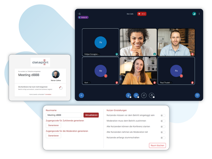 Screenshot einer Webkonferenz mit BigBlueButton. Zu sehen sind Funktionen zum Starten von Audio- und Videokonferenzen, Optionen zum Schutz des Zugangs sowie die Möglichkeit, Teilnehmende stummzuschalten.