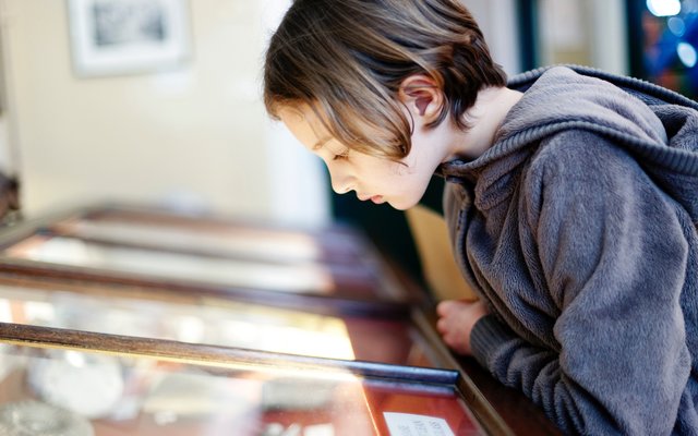 Kind sieht sich in einem Museum einen Schaukasten an