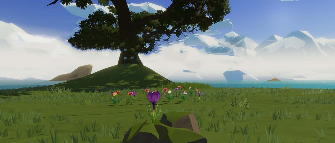 Bildausschnitt aus der VR-Anwendung "Die kleine Blumeninsel": Grüne Insellandschaft mit Blumenwiese
