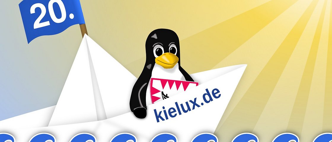 Logo der Kieler Open Source und Linux Tage mit Pinguin im Papierschiff