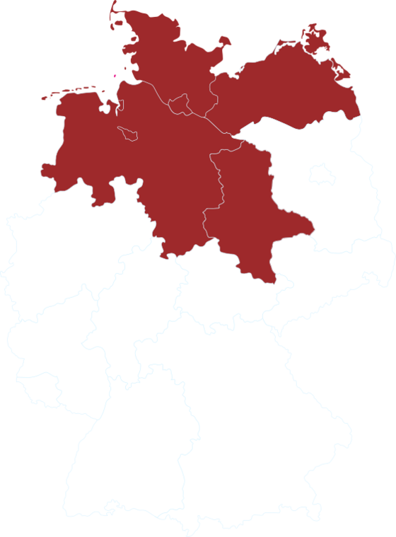 Landkarte von Deutschland mit hervorgehobenen Bundesländern Hamburg, Bremen, Schleswig-Holstein, Niedersachsen, Mecklenburg-Vorpommern und Sachsen-Anhalt