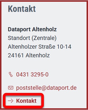 Bildschirmfoto der Kontaktdaten der Zentrale auf der Seite Kontakt auf dataport.de