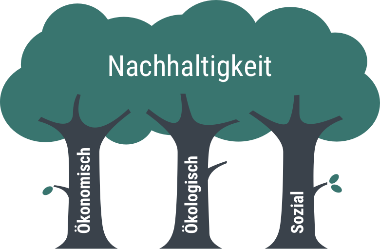 Illustration zu den drei Säulen der Nachhaltigkeit, wird im Folgetext erläutert